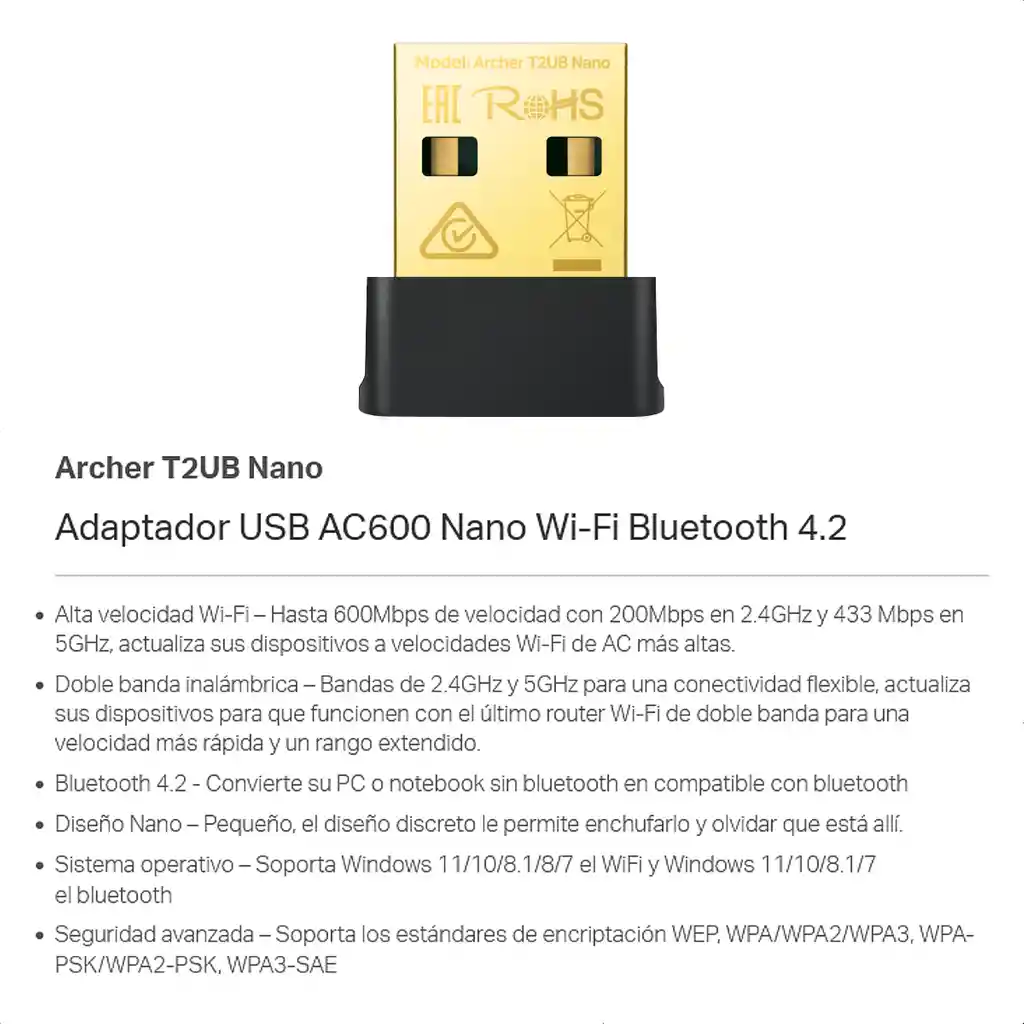  Tarjeta Usb Wifi Ac600 + Bluetooth  Tp-Link  Archer T2Ub Nano 