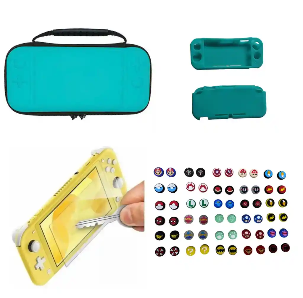 Combo Estuche Lite Azul + Silicona + Vidrio + 2 Grips Nintendo Switch