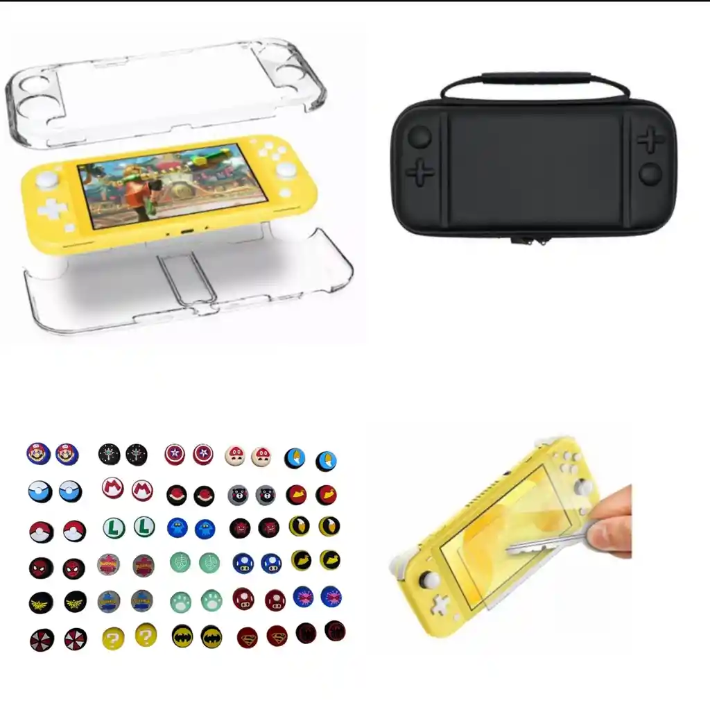 Combo Estuche Lite Negro + Silicona Transparente + 2 Grips + Vidrio Lite Nintendo Switch