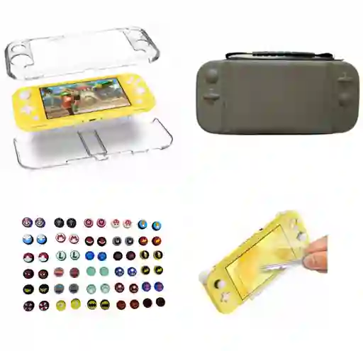 Combo Estuche Lite Gris + Silicona Transparente + 2 Grips + Vidrio Lite Nintendo Switch