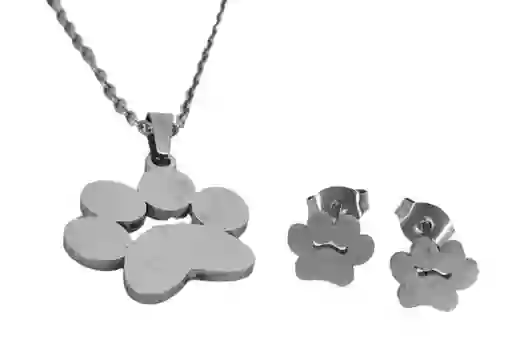 Juego De Arete Y Collar En Acero Diseño Huella De Perro