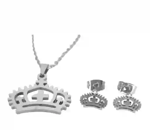 Juego De Arete Y Collar En Acero Diseño Corona Imperial