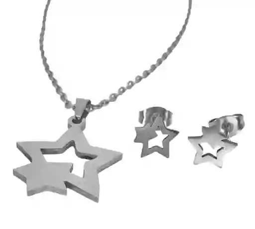 Juego De Arete Y Collar En Acero Diseño Dos Estrellas