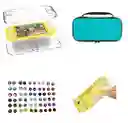 Combo Estuche Lite Azul + Silicona Transparente + 2 Grips + Vidrio Lite Compatible Con Switch