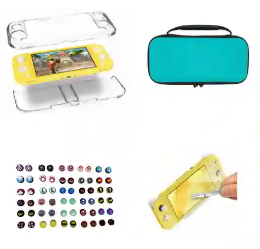 Combo Estuche Lite Azul + Silicona Transparente + 2 Grips + Vidrio Lite Compatible Con Switch
