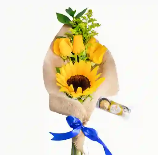 Arreglo Floral Rosas Amarillas, Girasol Y Chocolates X 3