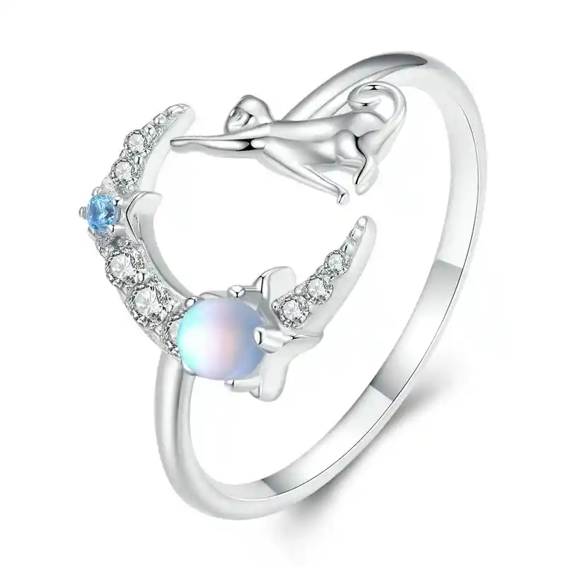 Anillo Ajustable Para Mujer Gato Luna Circones En Plata 925