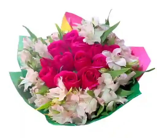 Bouquet De 12 Rosas Fucsias Y Astromelias