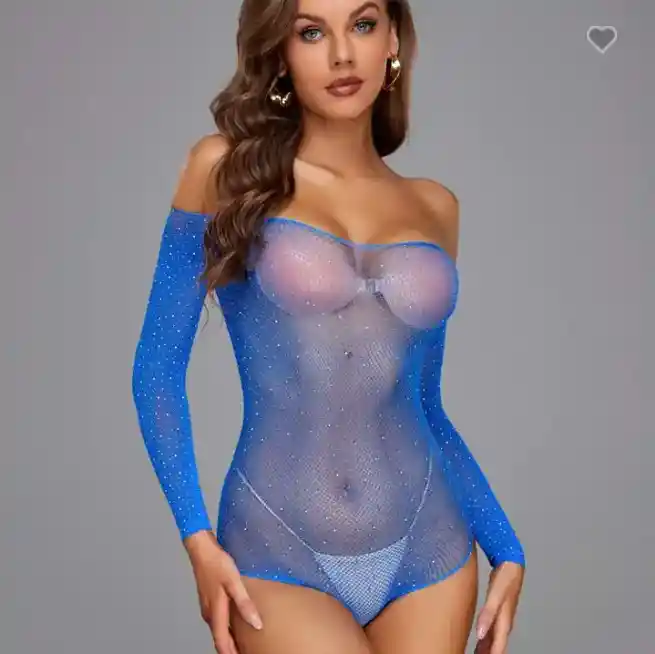 Lencería Enterizo Femenino Perlado Traje Erotico Vestido Sensual Azul Blue