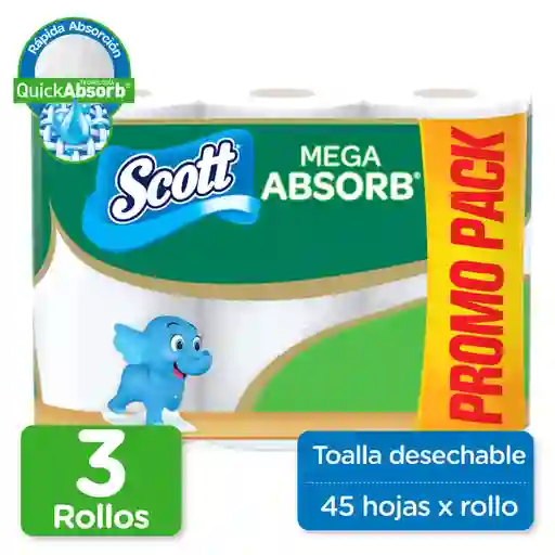 Scott Toalla de Papel Desechable Mega Absorb 3 Rollos 45H
