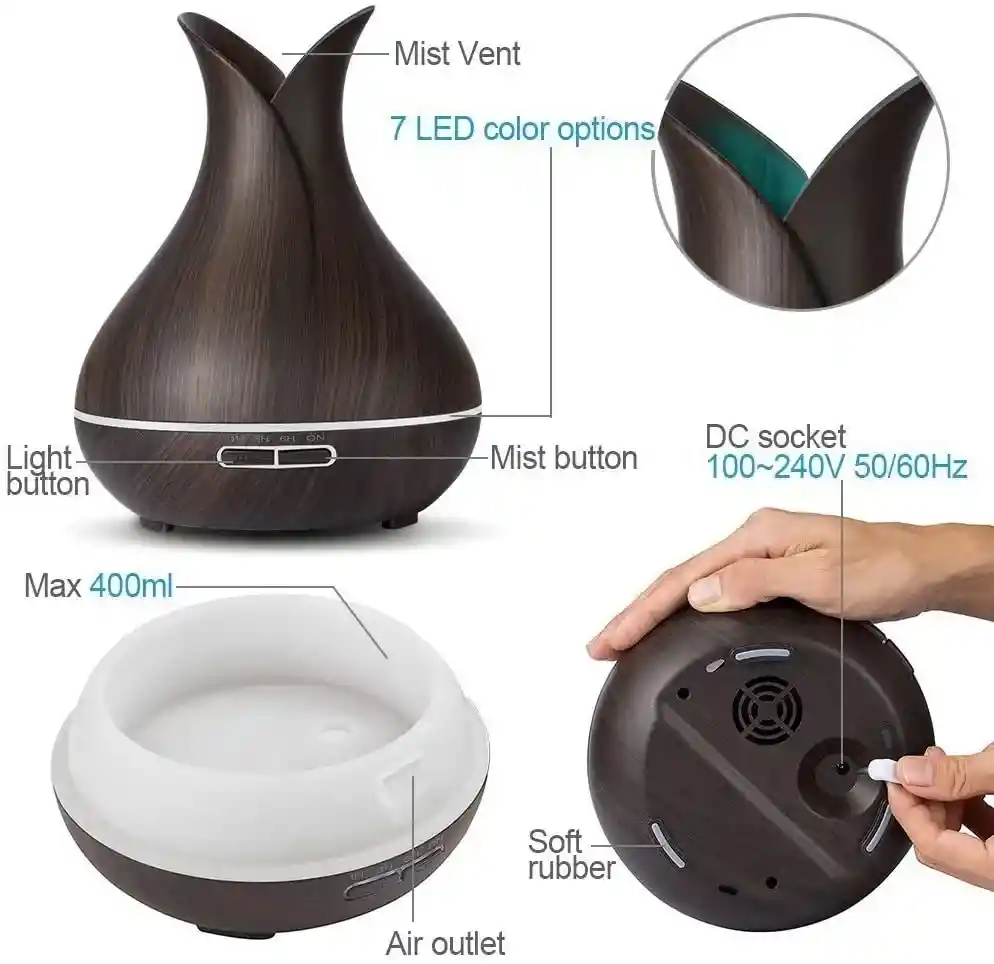   HUMIDIFICADOR  Difusor De Aromas Estilo Jarron Pequeno 400Ml Tipo Madera Orcura Ambientador 