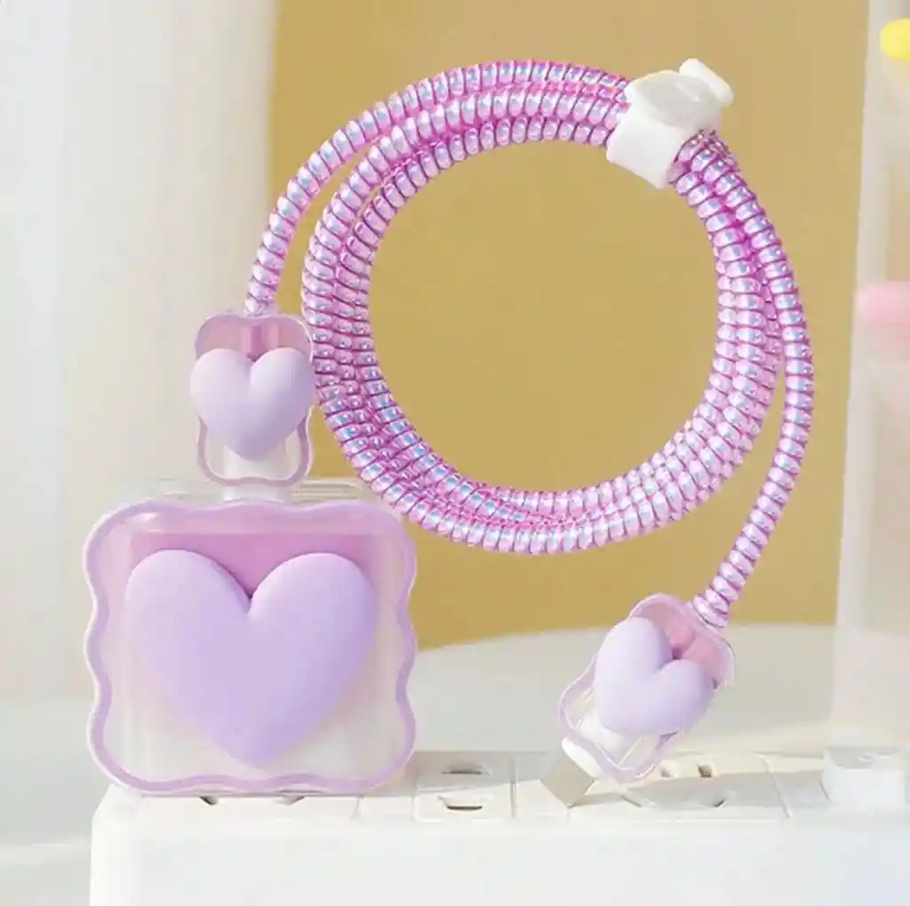 Kit Protector Cargador Y Cable 5 En 1 Corazón (morado)