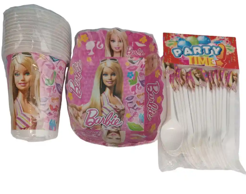 Set - Kit Platos, Vasos Y Cucharas Feliz Cumpleaños Barbie X12 Unidades