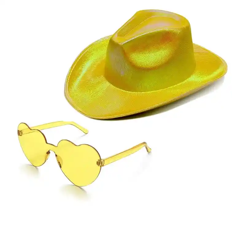 Sombrero Vaquero Dorado Holografico + Lentes Corazón Despedida De Soltera