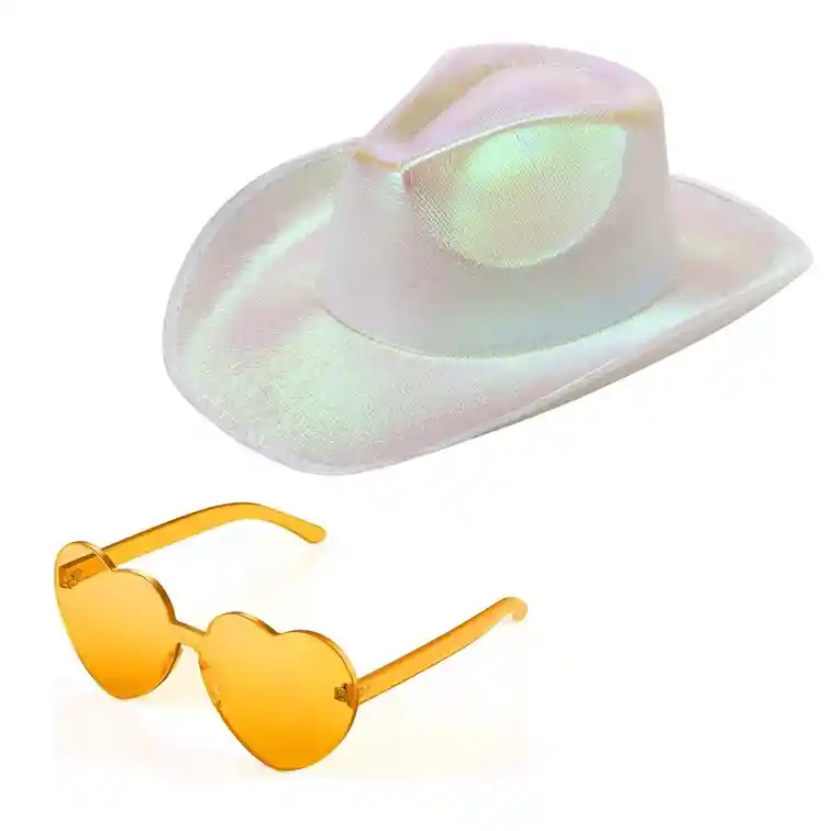 Sombrero Vaquero Blanco Holografico + Lentes Corazón Despedida De Soltera