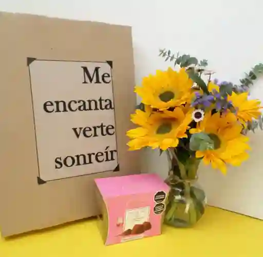 Bouquet De Girasoles En Jarrón Y Trufas Caja De Regalo 🎁