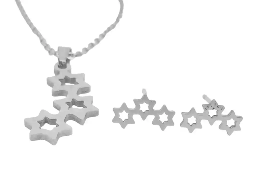 Juego De Aretes Y Coilar En Acero Diseño Trio De Estrellas