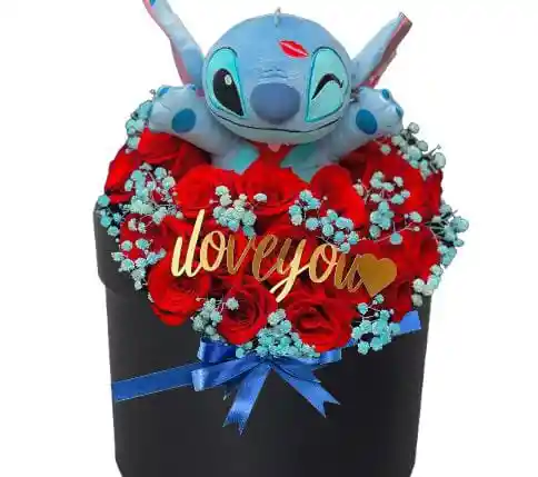 Caja De Rosas Stitch Amor Y Amistad Aniversario Feliz Cumple