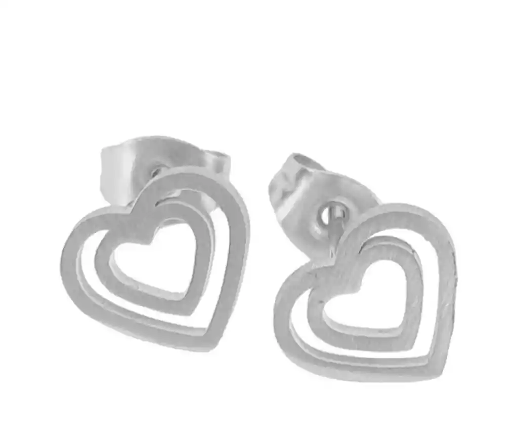 Juego De Aretes Y Collar En Acero Diseño Corazón Doble
