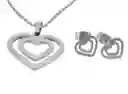 Juego De Aretes Y Collar En Acero Diseño Corazón Doble