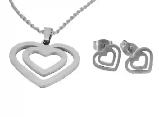 Juego De Aretes Y Collar En Acero Diseño Corazón Doble