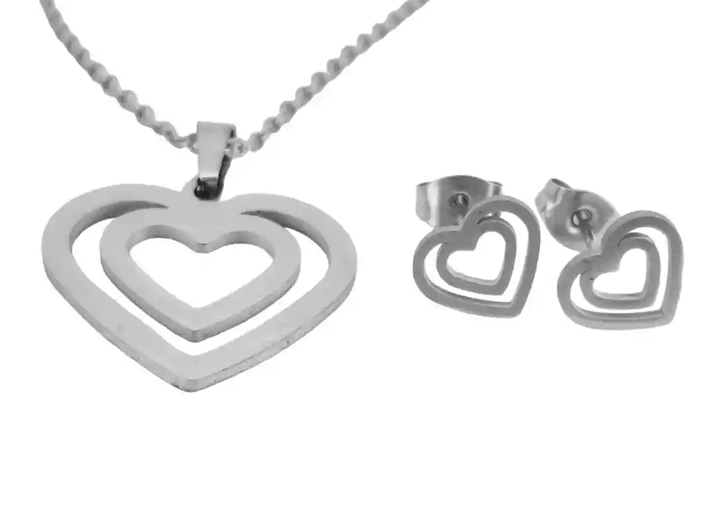 Juego De Aretes Y Collar En Acero Diseño Corazón Doble