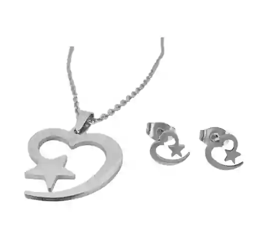 Juego De Aretes Y Collar En Acero Diseño Corazón Estrella