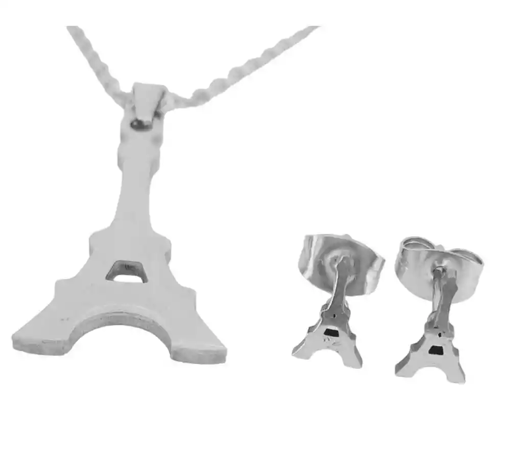 Juego De Aretes Y Collar En Acero Diseño Torre Eiffel