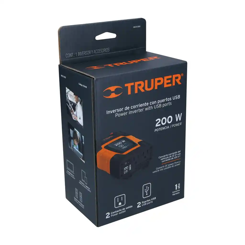 Inversor De Corriente 200 W, Truper Para Carro, Con Usb Y 2 Enchufes