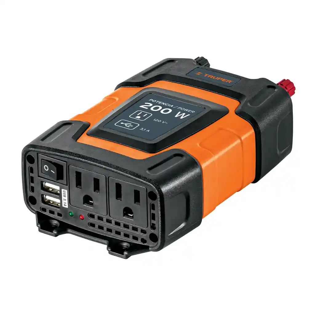 Inversor De Corriente 200 W, Truper Para Carro, Con Usb Y 2 Enchufes