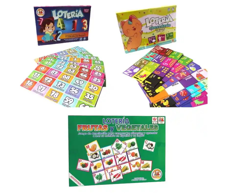 3 Juegos Loterías Bilingües Números Abecedario Frutas Niños