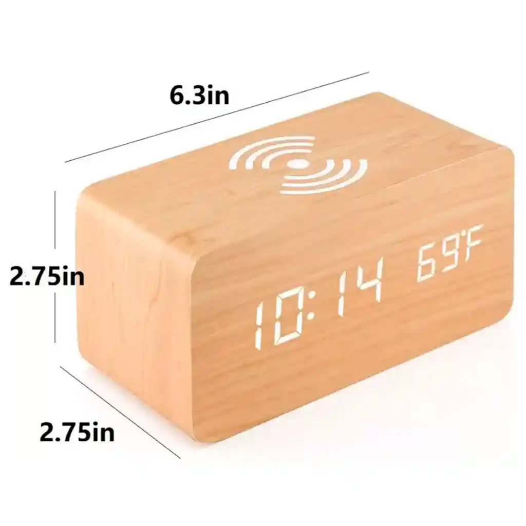 Reloj Digital Despertador Cargador Inalambrico Celul Madera Clara Ref Cq1