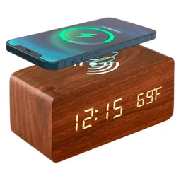 Reloj Digital Despertador Cargador Inalambrico Celul Madera Oscura Ref Cq1