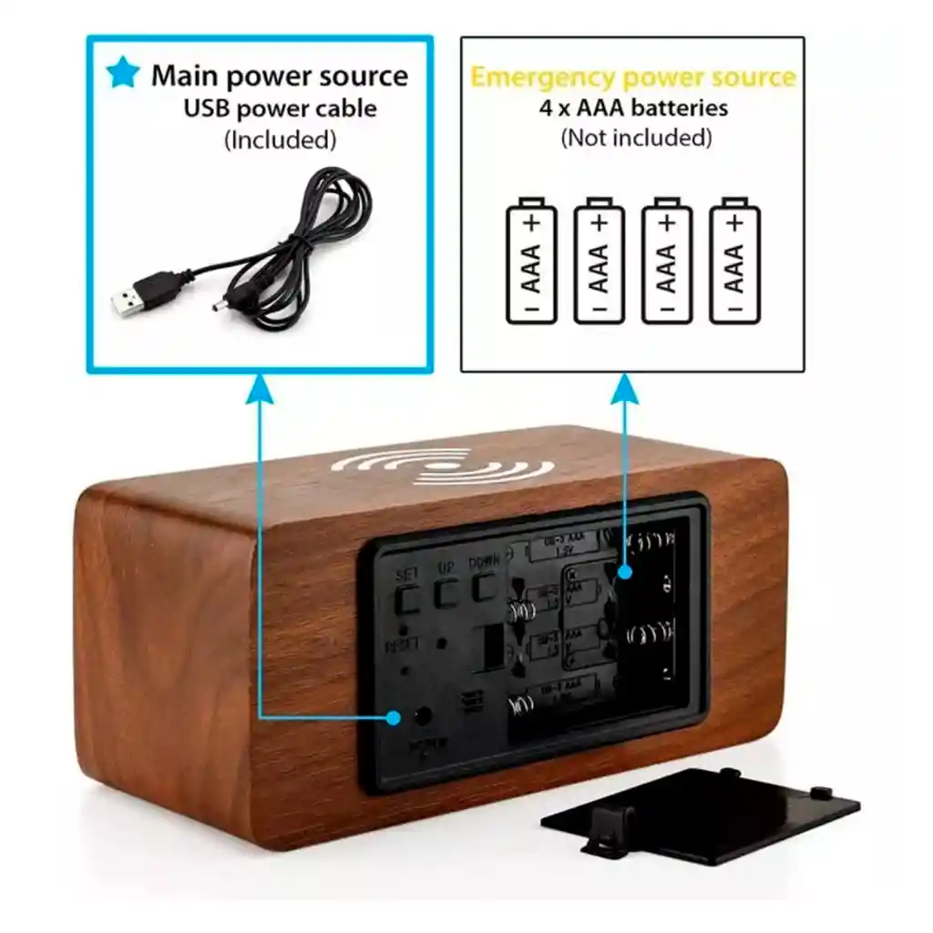 Reloj Digital Despertador Cargador Inalambrico Celul Madera Oscura Ref Cq1