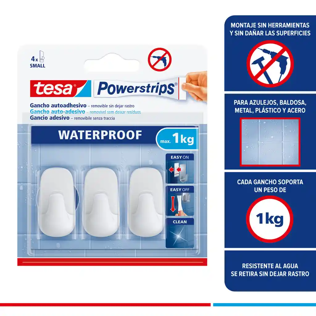 Gancho Adhesivo Tesa Baño Waterproof 1kg X3und Resistente