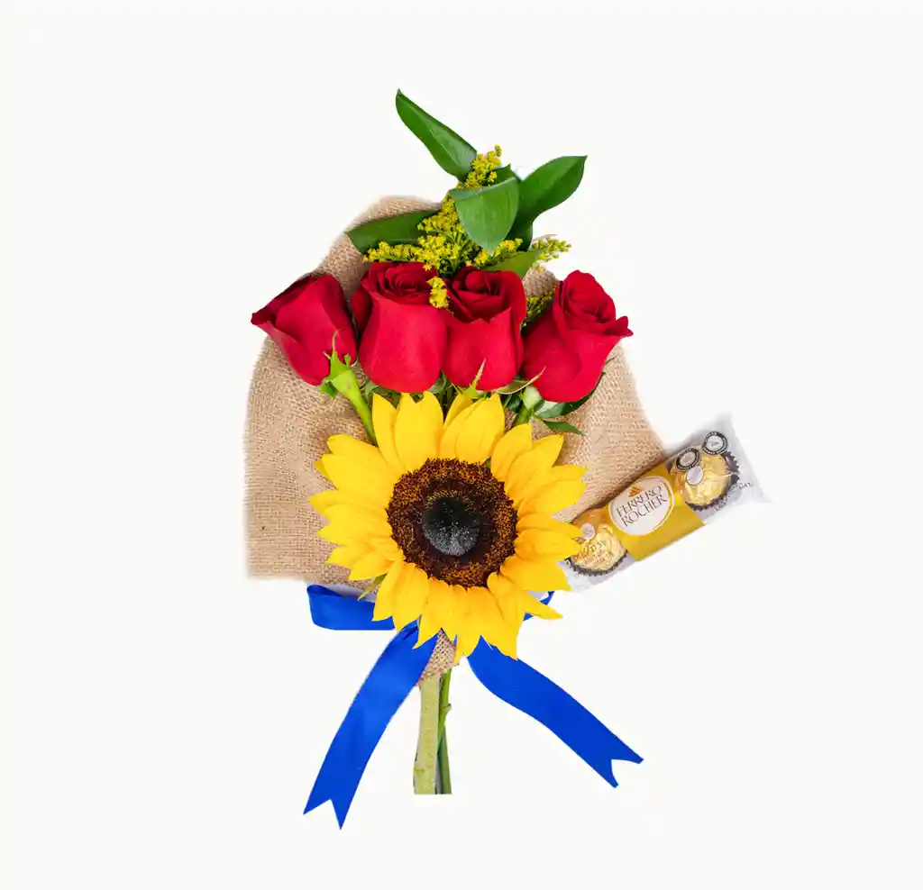 Arreglo Floral, Combo De Girasol, Rosas Y Chocolates X 3 Unidades