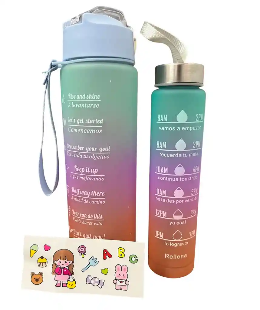 Set De 3 Termos Botella Agua Motivacional + Stickers Y Pines