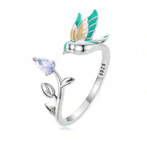 Anillo Ajustable Para Mujer Pájaro Colibrí Rama En Plata 925