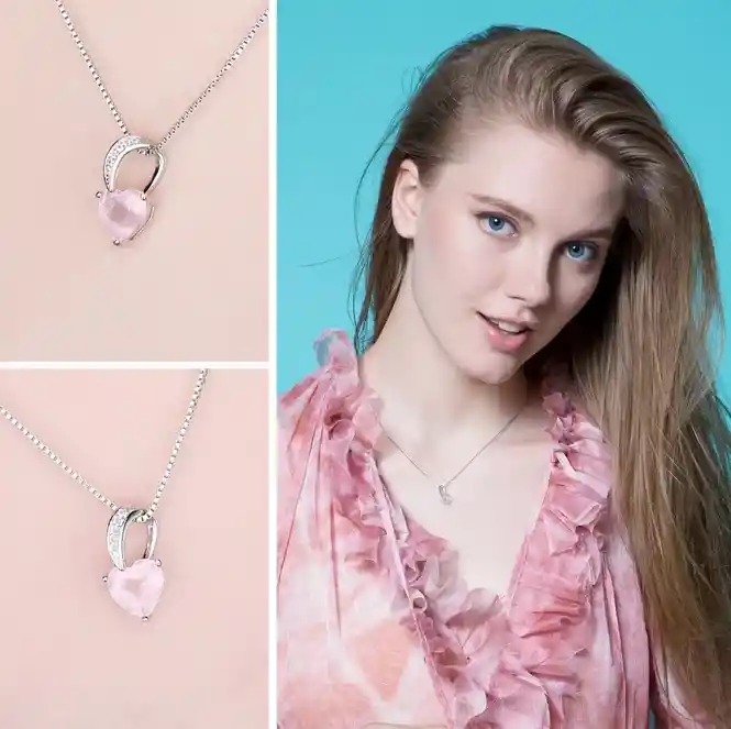 Collar Corazón Para Mujer Con Cuarzo Rosado En Plata 925