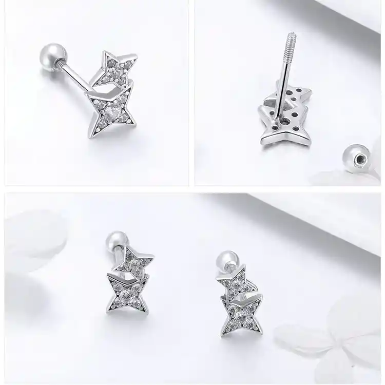 Aretes Estrellas Broche Seguro Para Mujer En Plata 925