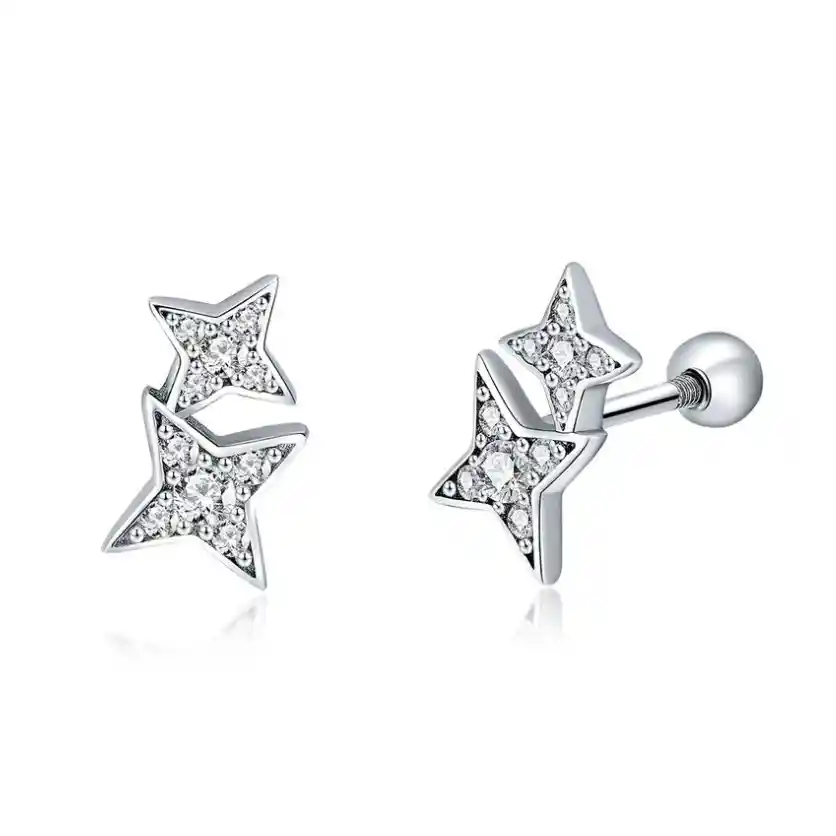 Aretes Estrellas Broche Seguro Para Mujer En Plata 925