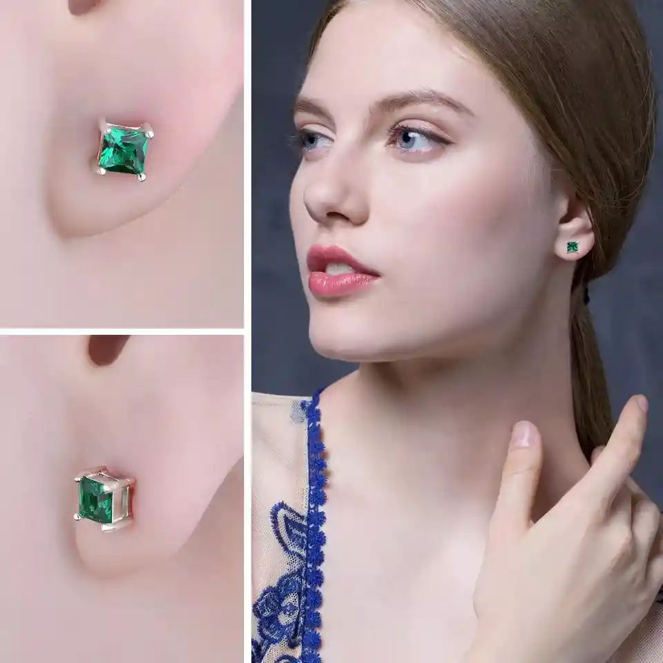 Aretes Para Mujer Con Esmeralda Rusa Cuadrada En Plata 925