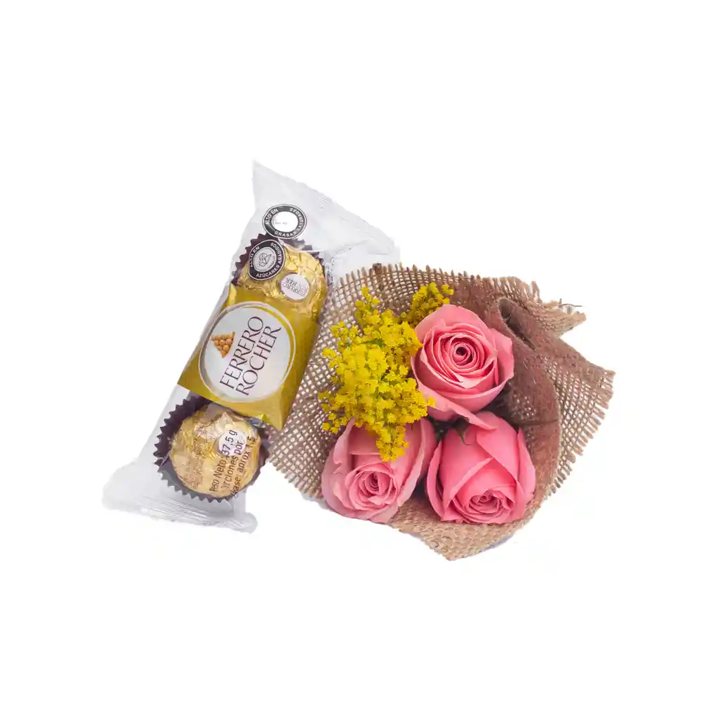 Arreglo Floral, 3 Rosas Rosadas Y Chocolates Ferrero X3