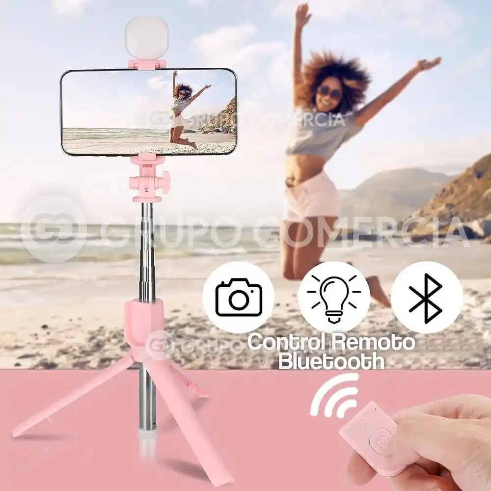 Palo Selfie 4 En 1 Con Luz Bluetooth Trípode Y Control Rosado Lq