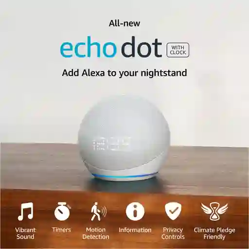 Amazon Echo Dot 5th Gen With Clock Con Asistente Virtual Alexa, Pantalla Integrada Glacier White 110v/240v