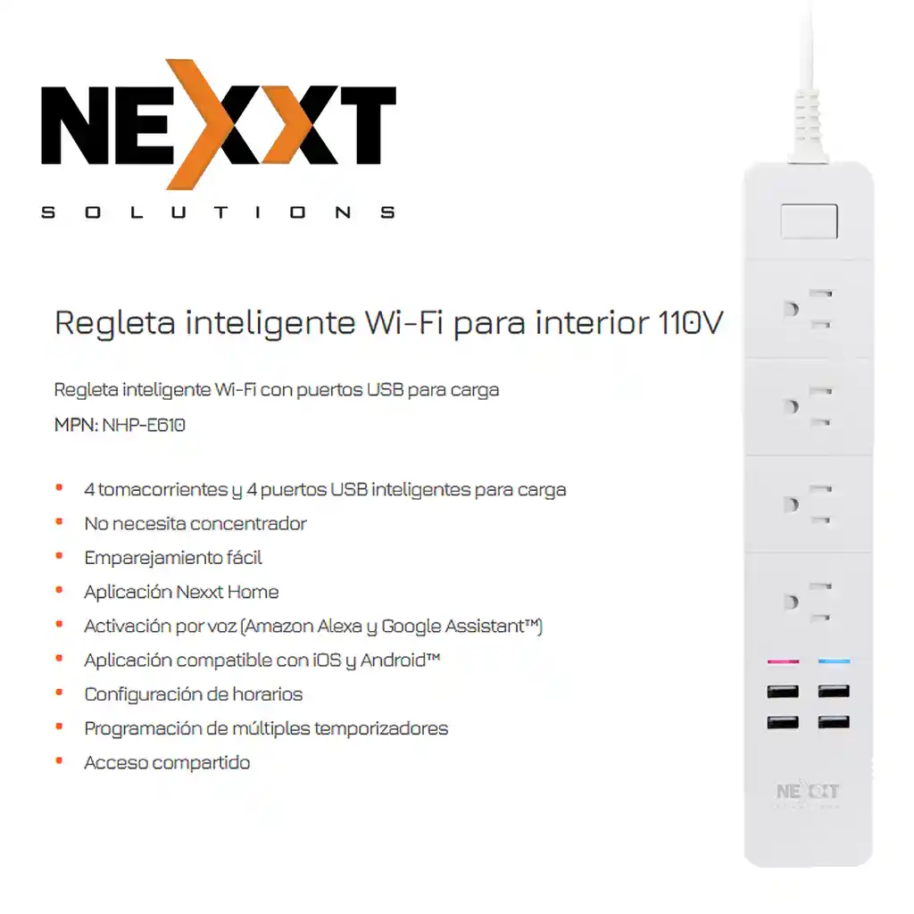 Regleta Inteligente Wifi Nexxt, Google Alexa / 4 Tomas 4 Usb