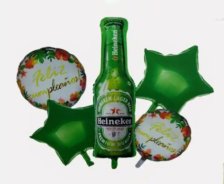 Bouquet X 5 Globos Metalizados Cerveza Heineken Feliz Cumpleaños