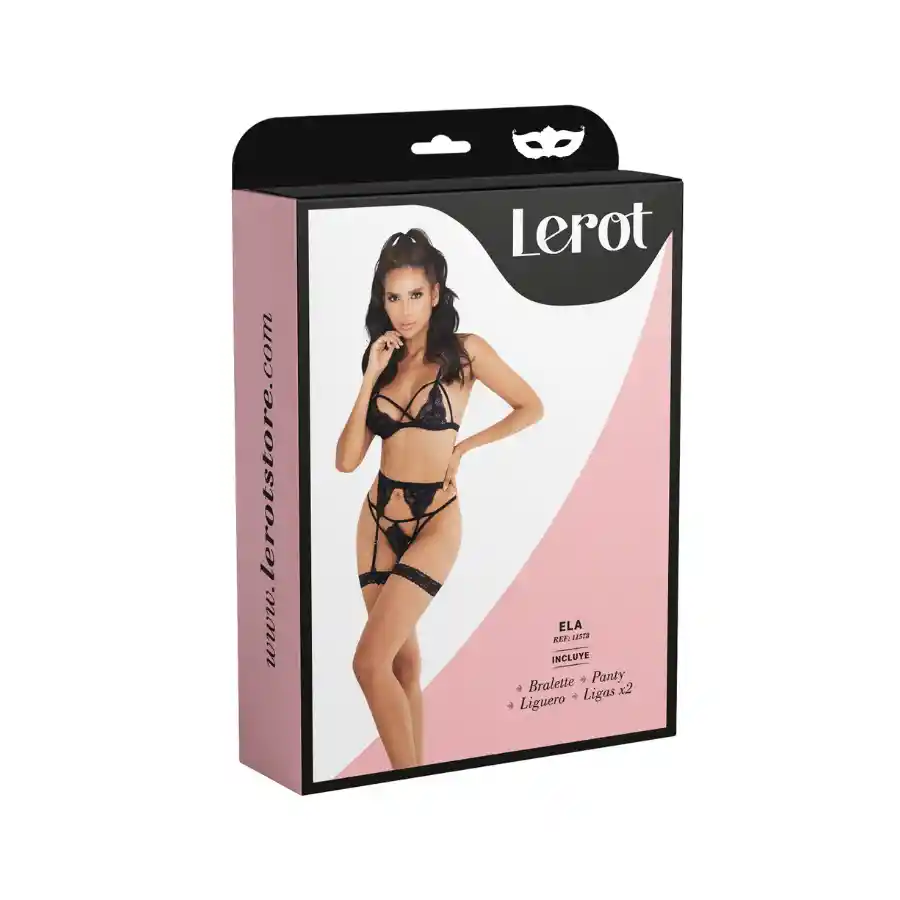 Conjunto Lenceria Ela Lerot Negro Liguero Y Encaje Talla Sm