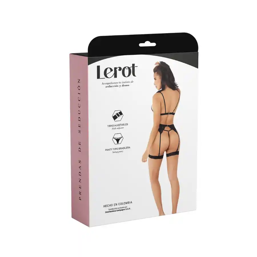 Conjunto Lenceria Ela Lerot Negro Liguero Y Encaje Talla Sm