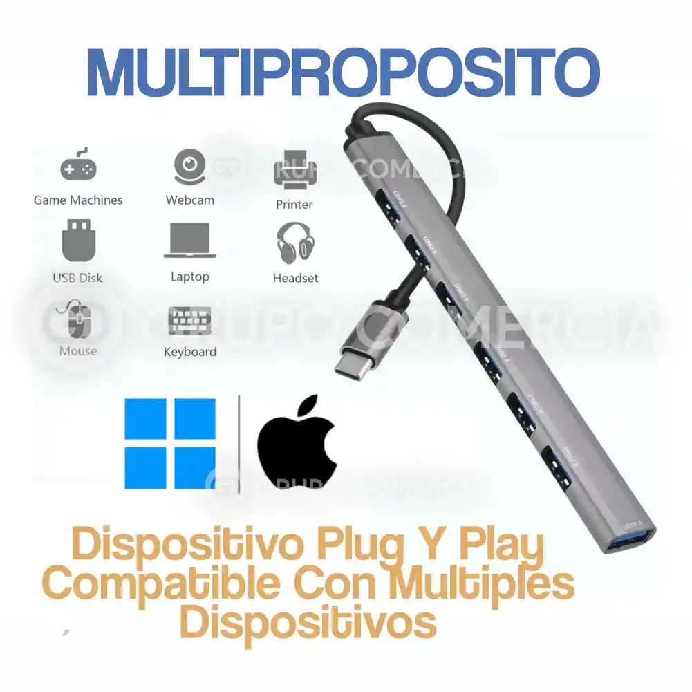 Multipuertos Hub 7 En 1 Tipo C Metálico 3.0/2.0 Pc Y Celular